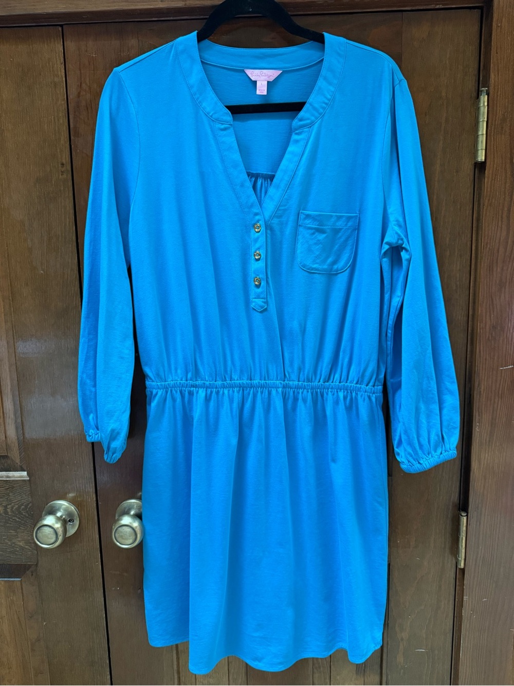 Lilly Pulitzer Blue Pima Cotton Dress Large 3/4 Sleeve Henley Elastic Waist